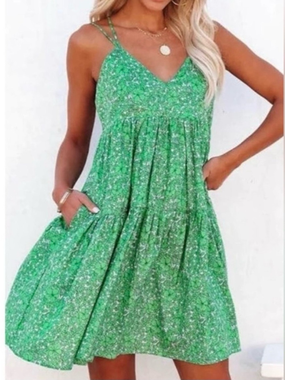 Deluc Green Floral Tiered Mini Dress with Crisscross Straps